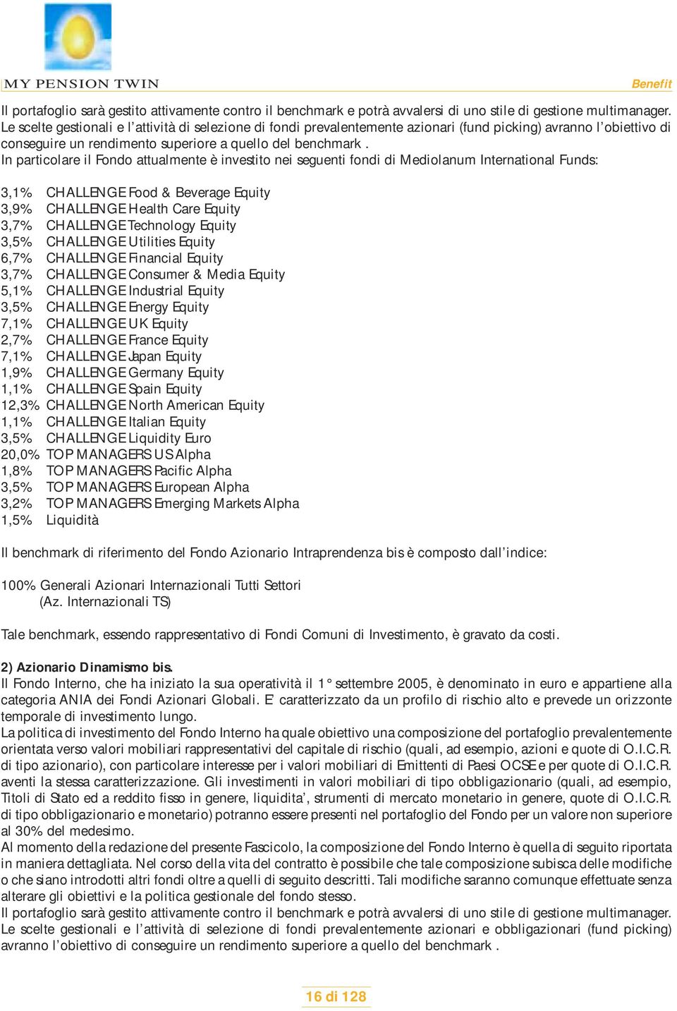 In particolare il Fondo attualmente è investito nei seguenti fondi di Mediolanum International Funds: 3,1% CHALLENGE Food & Beverage Equity 3,9% CHALLENGE Health Care Equity 3,7% CHALLENGE Technology