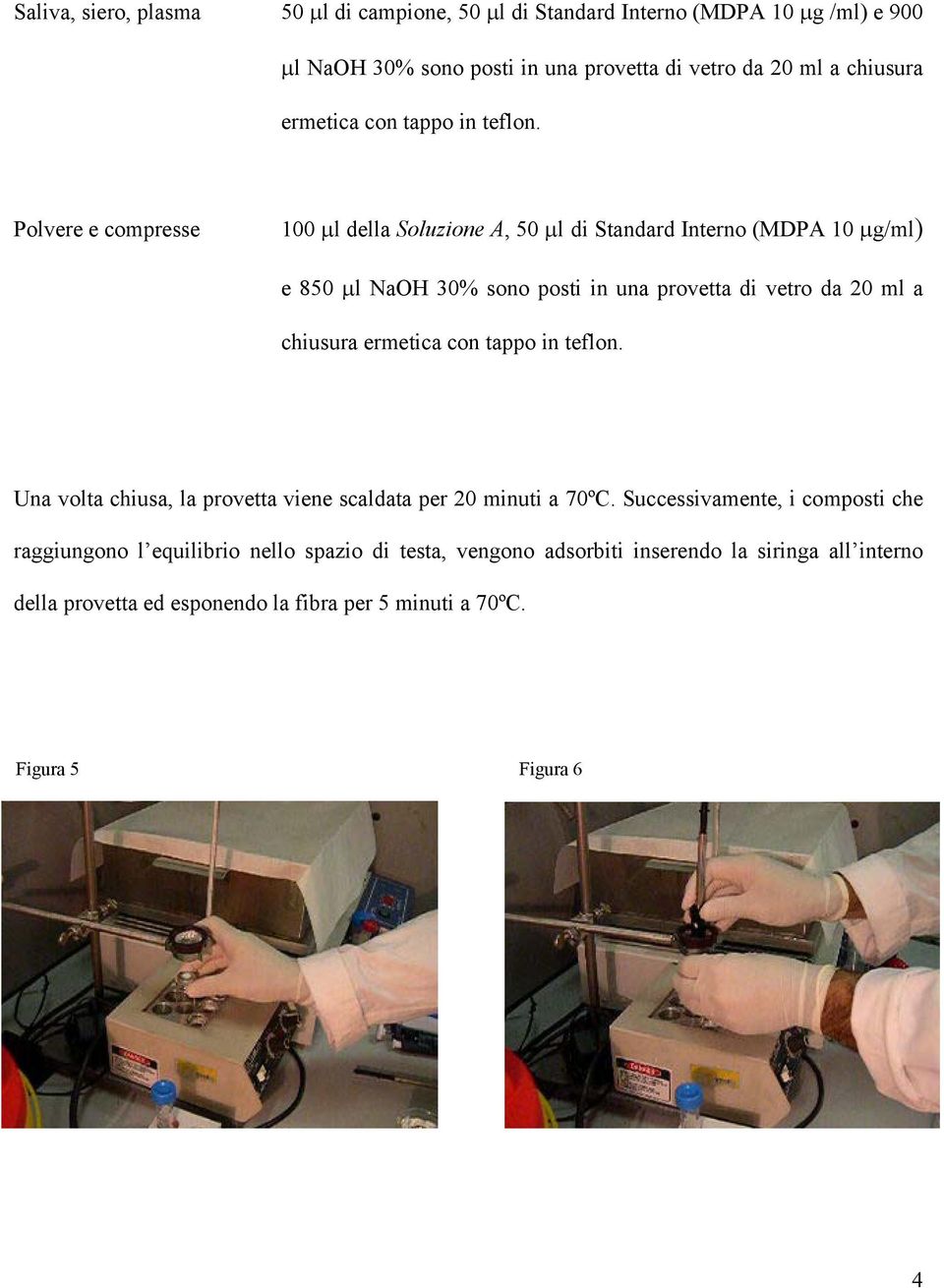 Polvere e compresse 100 µl della Soluzione A, 50 µl di Standard Interno (MDPA 10 µg/ml) e 850 µl NaOH 30% sono posti in una provetta di vetro da 20 ml a chiusura 