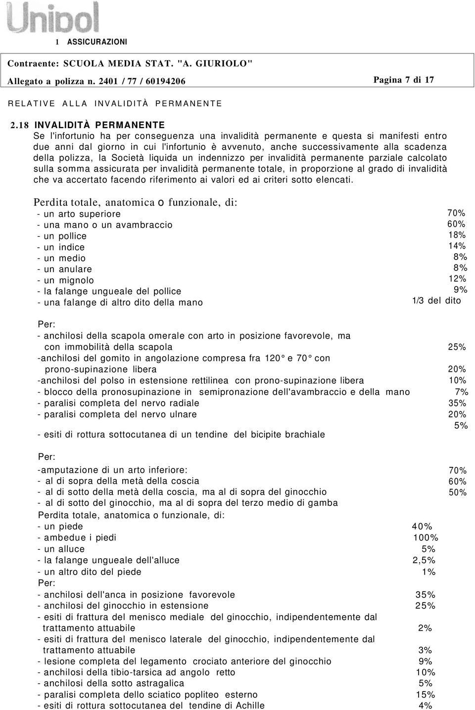 scadenza della polizza, la Società liquida un indennizzo per invalidità permanente parziale calcolato sulla somma assicurata per invalidità permanente totale, in proporzione al grado di invalidità