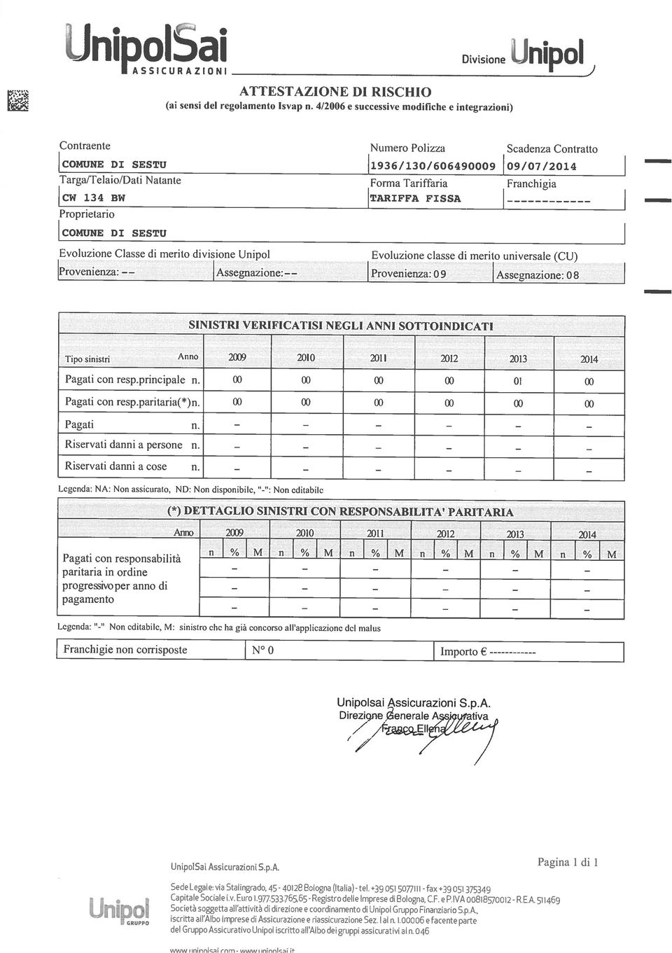 sicurazioni S.p.A. Sede Legale: via Stalingrado, 45-40128 Bologna (Italia) - tel. +3905107711 -fax +39 051375349 Capitale Sociale iv. Euro 1.977.533.765.