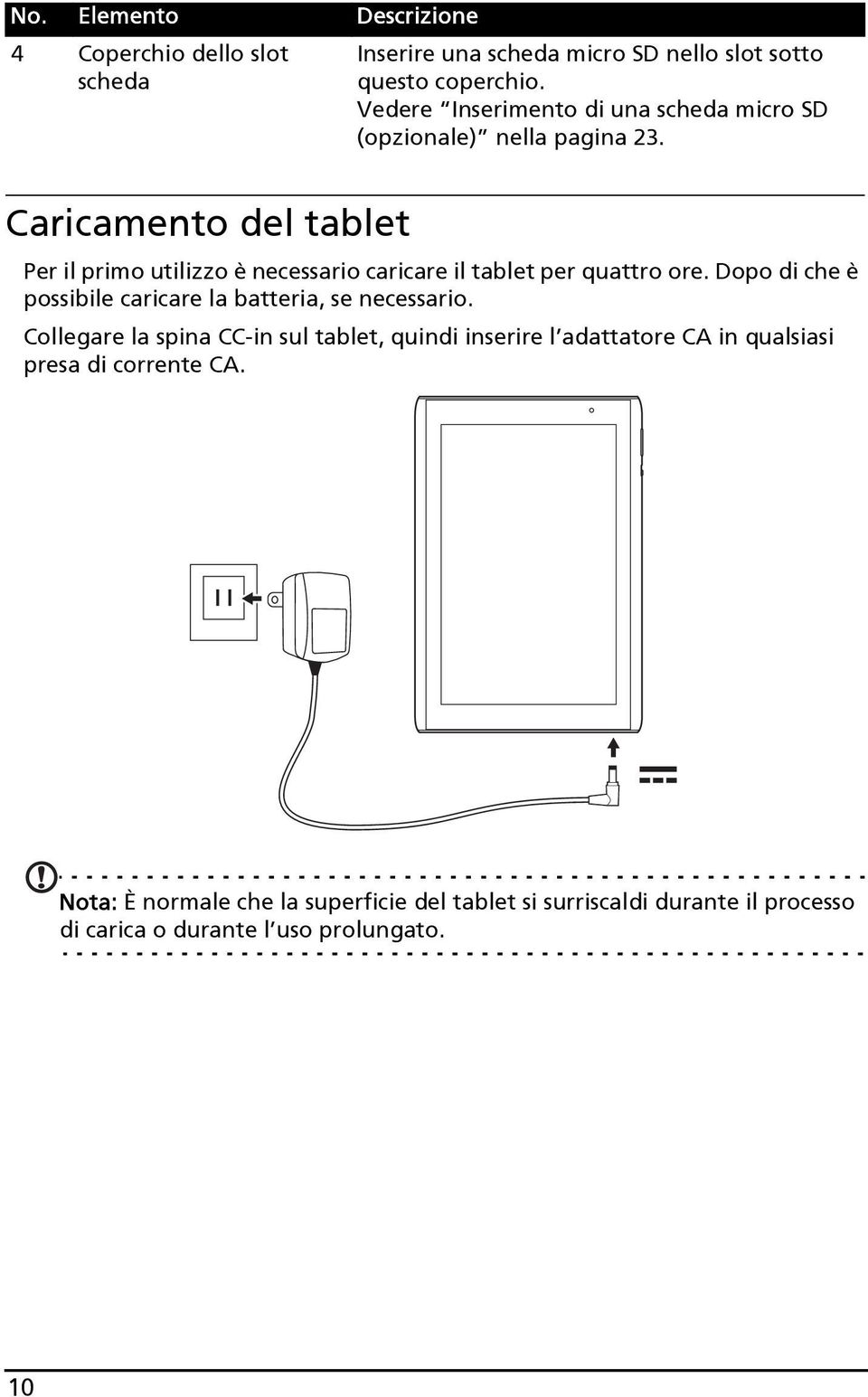 Caricamento del tablet Per il primo utilizzo è necessario caricare il tablet per quattro ore.