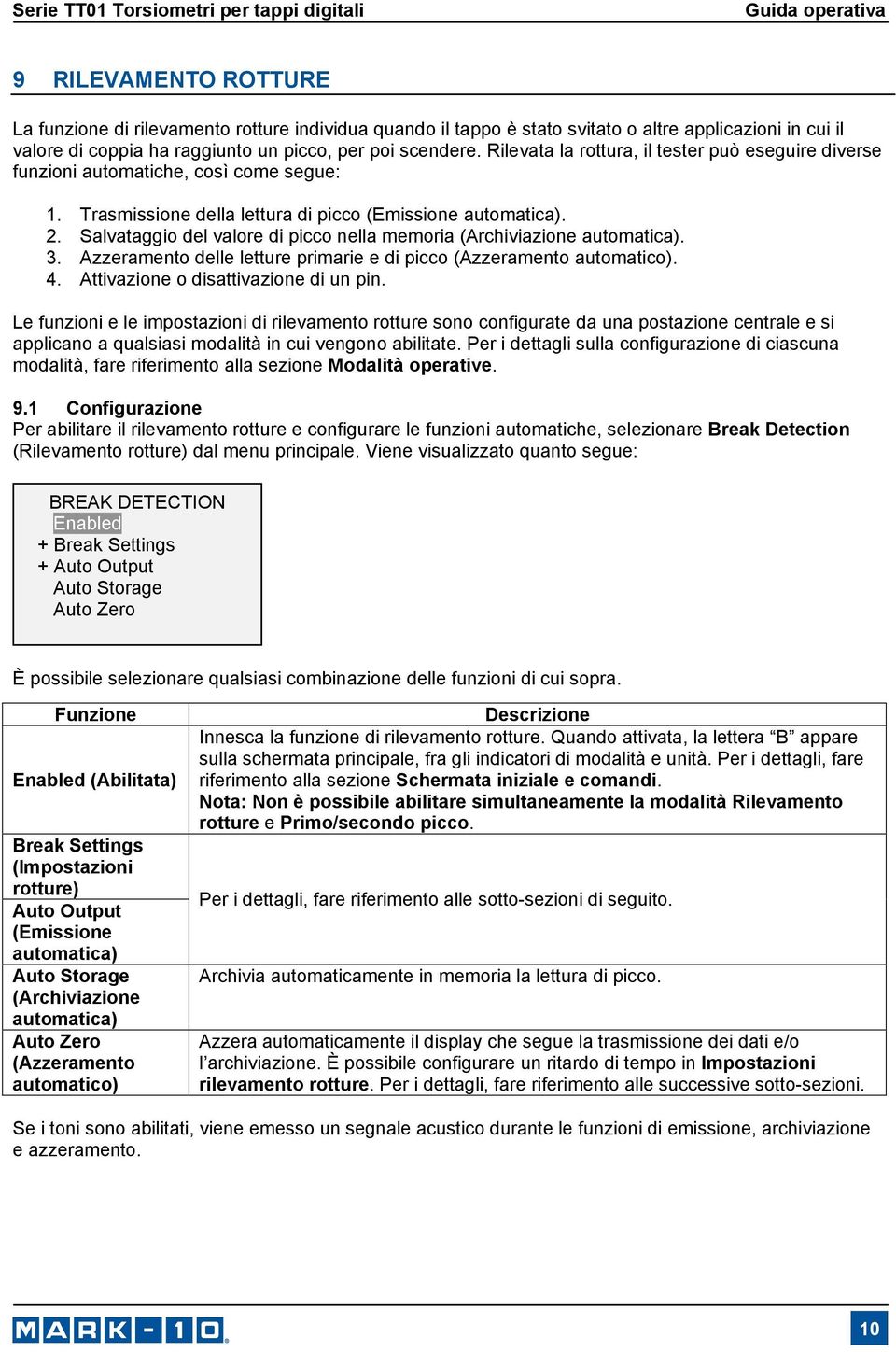 Salvataggio del valore di picco nella memoria (Archiviazione automatica). 3. Azzeramento delle letture primarie e di picco (Azzeramento automatico). 4. Attivazione o disattivazione di un pin.