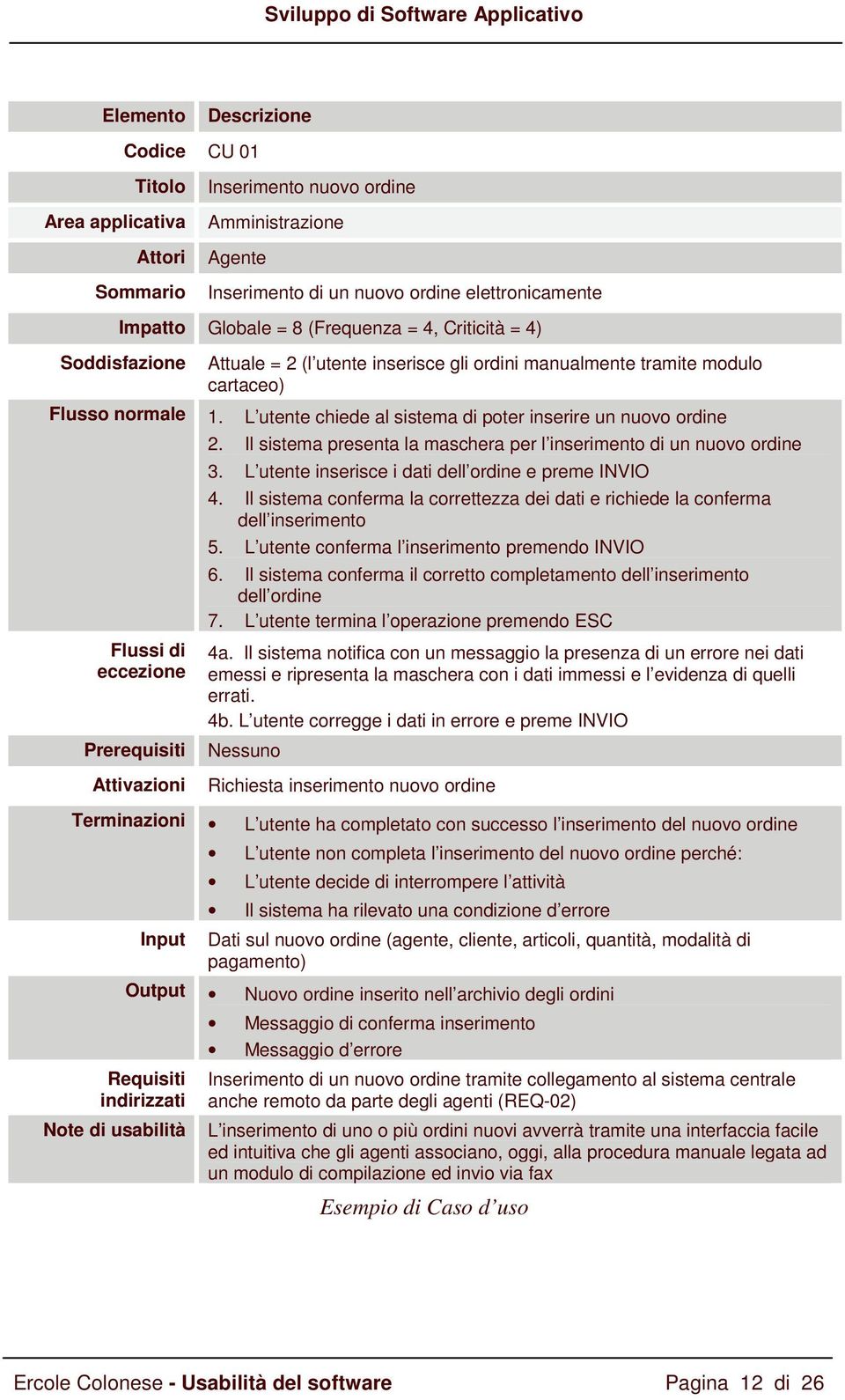 L utente chiede al sistema di poter inserire un nuovo ordine Flussi di eccezione Prerequisiti 2. Il sistema presenta la maschera per l inserimento di un nuovo ordine 3.