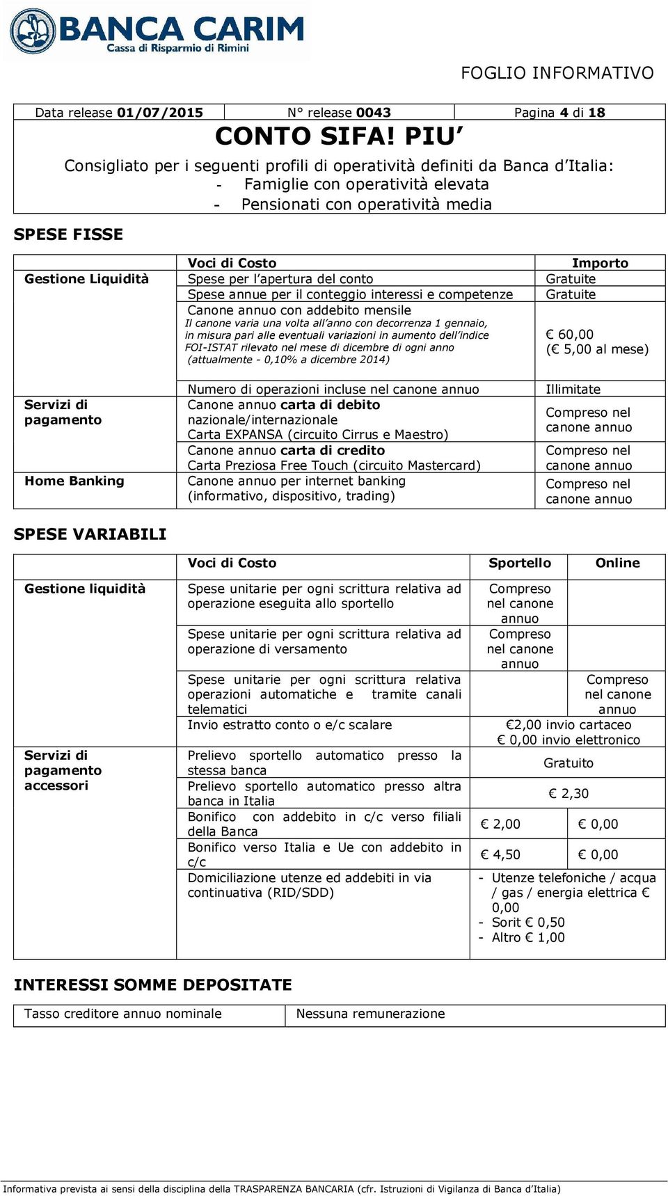 dicembre di ogni anno (attualmente - 0,10% a dicembre 2014) 60,00 ( 5,00 al mese) Servizi di pagamento Home Banking SPESE VARIABILI Numero di operazioni incluse nel canone annuo Canone annuo carta di