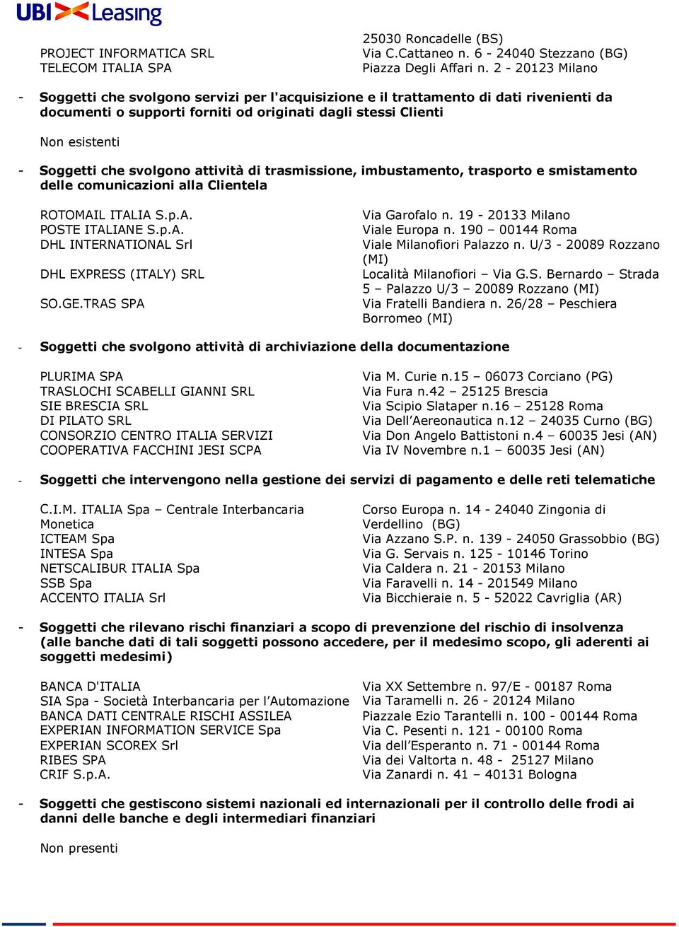 svolgono attività di trasmissione, imbustamento, trasporto e smistamento delle comunicazioni alla Clientela ROTOMAIL ITALIA S.p.A. POSTE ITALIANE S.p.A. DHL INTERNATIONAL Srl DHL EXPRESS (ITALY) SRL SO.