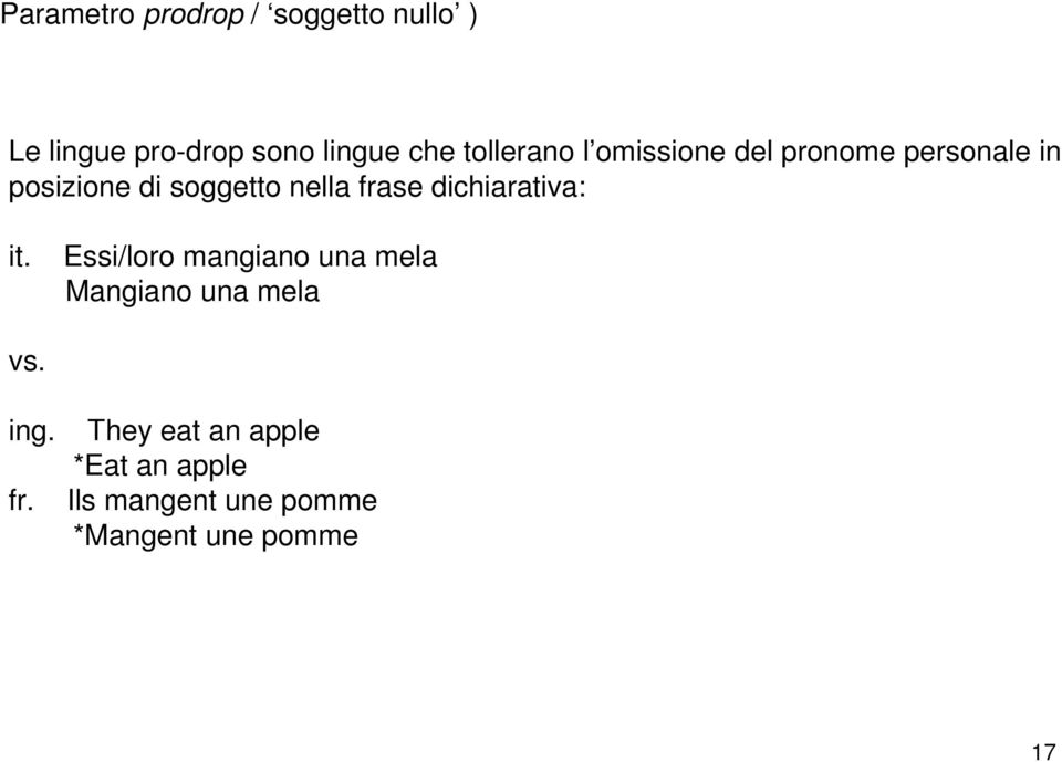 frase dichiarativa: it. Essi/loro mangiano una mela Mangiano una mela vs.