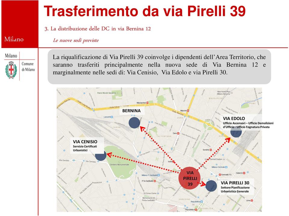 sedi di: Via Cenisio, Via Edolo e via Pirelli 30.