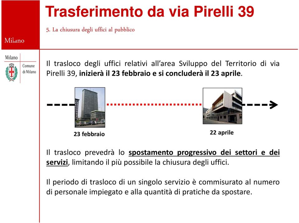 23 febbraio 22 aprile Il trasloco prevedrà lo spostamento progressivo dei settori e dei servizi, limitando il