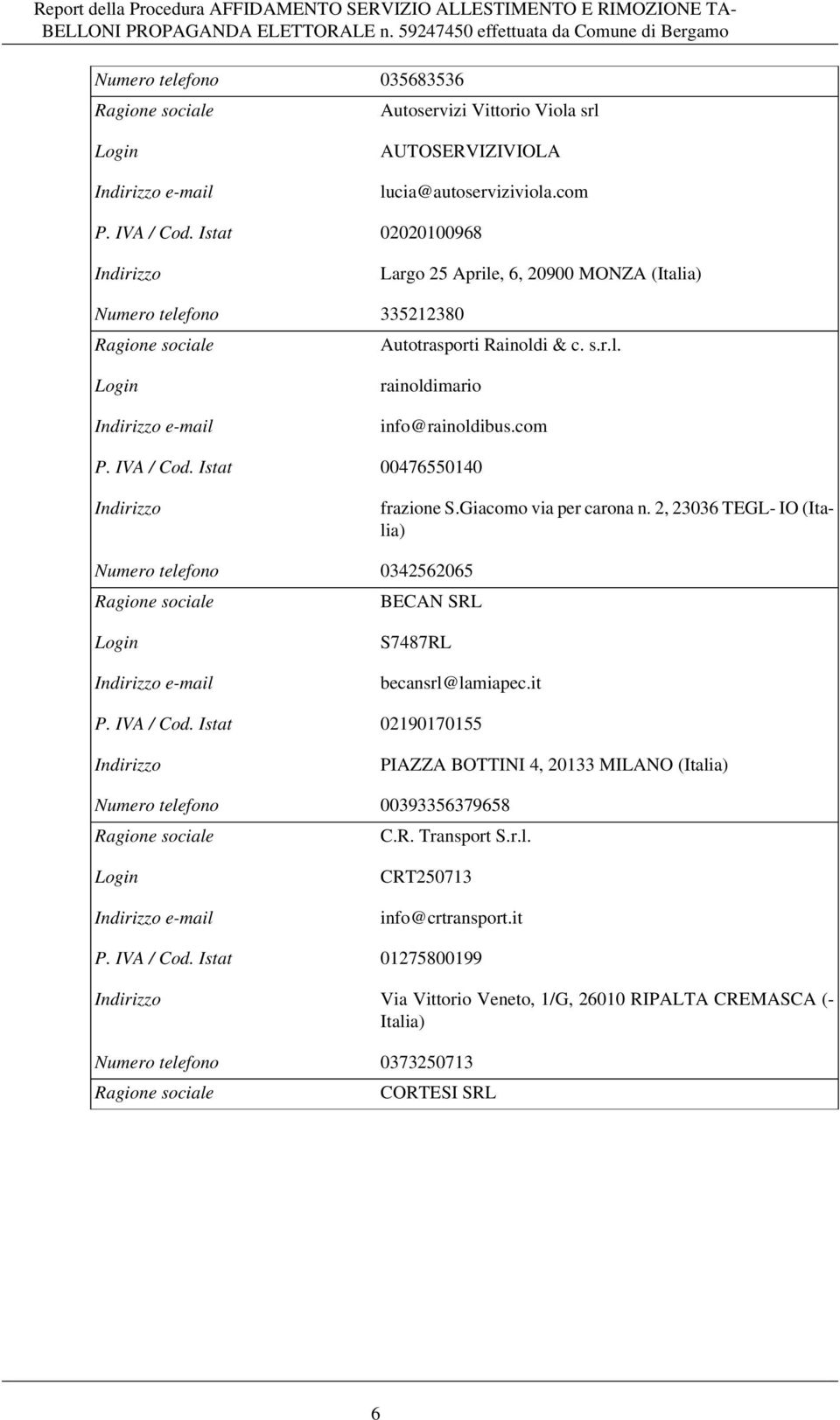 Istat 00476550140 frazione S.Giacomo via per carona n. 2, 23036 TEGL- IO (Italia) Numero telefono 0342562065 BECAN SRL S7487RL becansrl@lamiapec.it P. IVA / Cod.