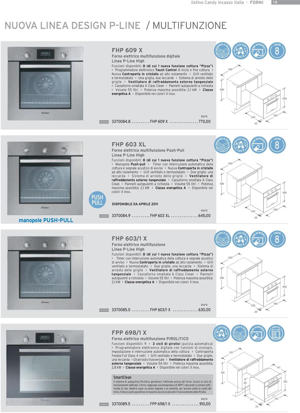 di arresto delle griglie > Ventilatore di raffreddamento esterno tangenziale > Cassaforno smaltata Class Clean > Pannelli autopulenti a richiesta > Volume 55 litri > Potenza massima assorbita:, kw >