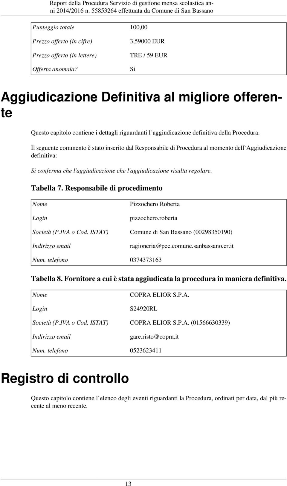 Il seguente commento è stato inserito dal Responsabile di Procedura al momento dell`aggiudicazione definitiva: Si conferma che l'aggiudicazione che l'aggiudicazione risulta regolare. Tabella 7.