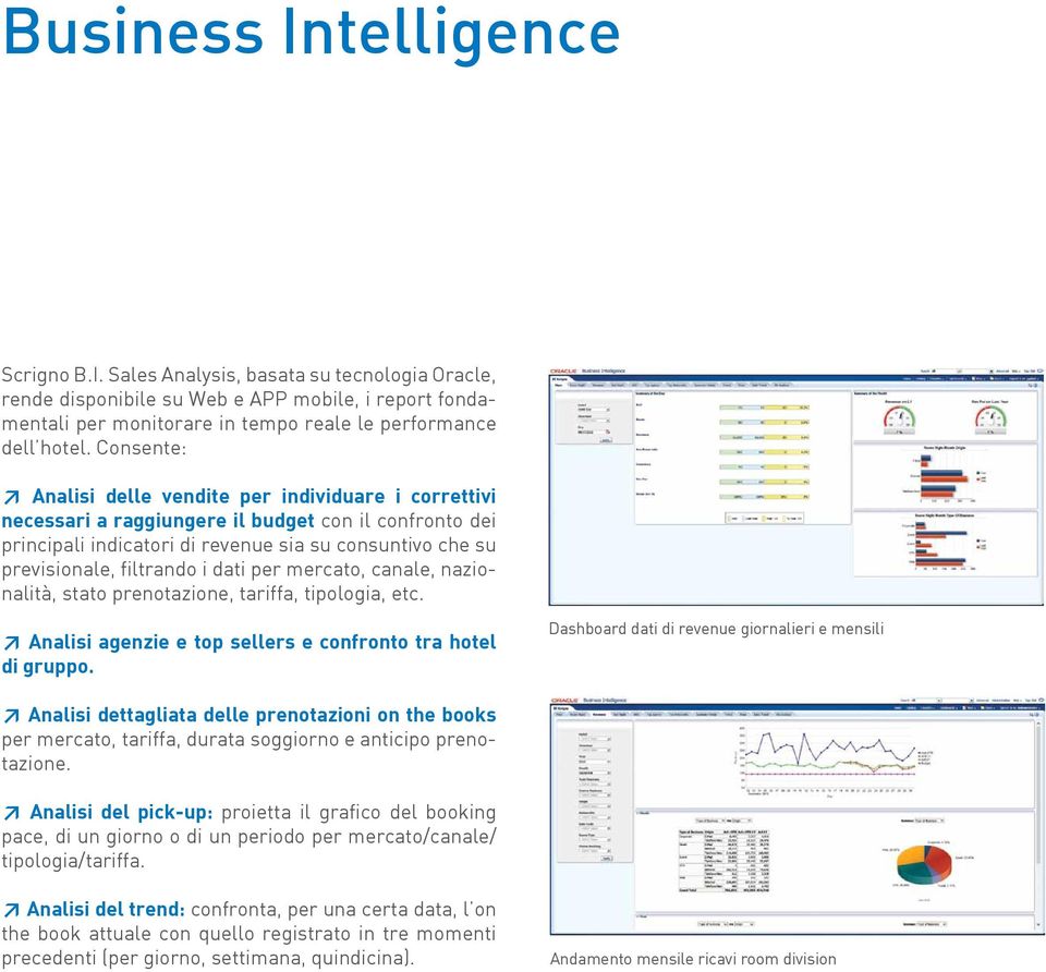 dati per mercato, canale, nazionalità, stato prenotazione, tariffa, tipologia, etc. Analisi agenzie e top sellers e confronto tra hotel di gruppo.