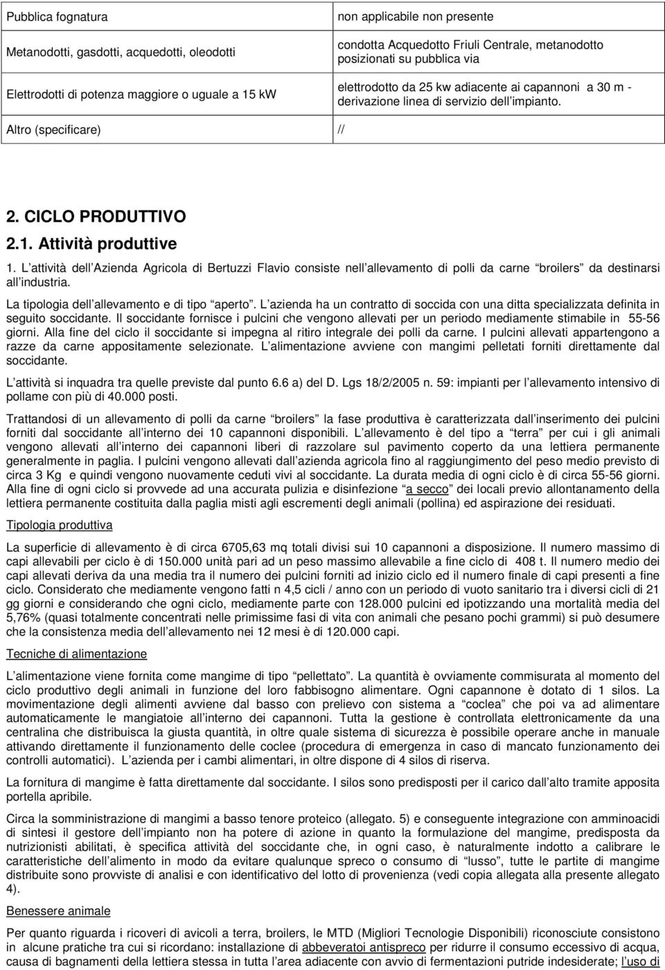 L attività dell Azienda Agricola di Bertuzzi Flavio consiste nell allevamento di polli da carne broilers da destinarsi all industria. La tipologia dell allevamento e di tipo aperto.