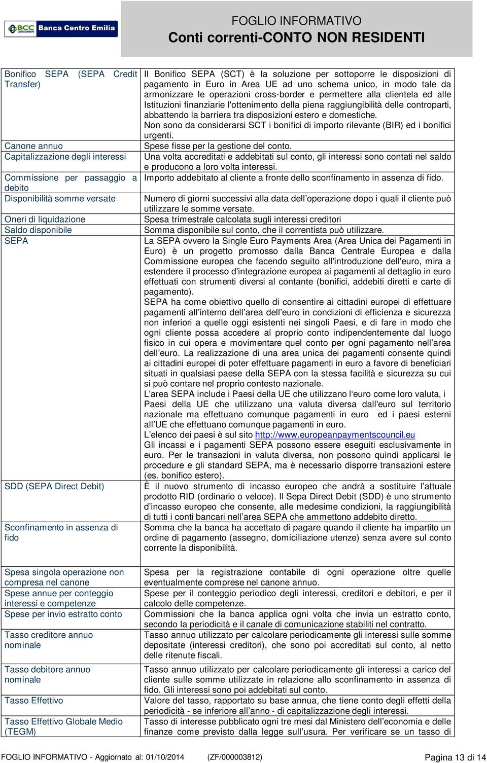 annuo nominale Tasso debitore annuo nominale Tasso Effettivo Tasso Effettivo Globale Medio (TEGM) Il Bonifico SEPA (SCT) è la soluzione per sottoporre le disposizioni di pagamento in Euro in Area UE