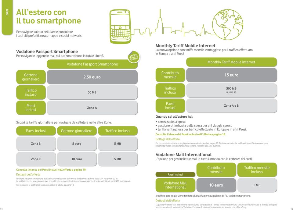 Vodafone Passport Smartphone Valida in tutta Europa Monthly Tariff Mobile Internet La nuova opzione con tariffa mensile vantaggiosa per il traffico effettuato in Europa e altri Paesi.