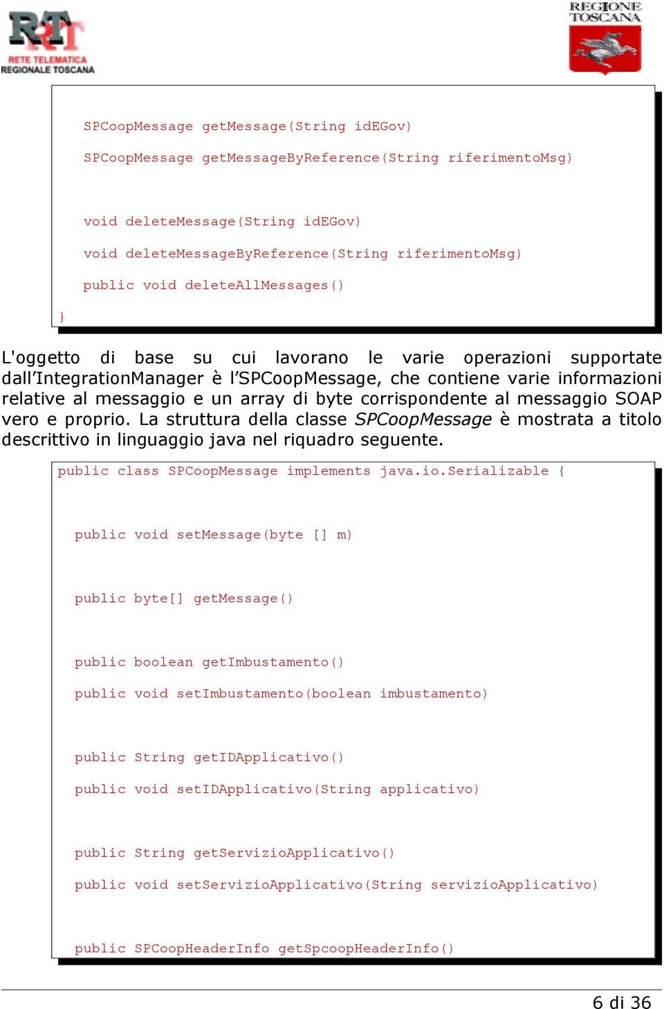 byte corrispondente al messaggio SOAP vero e proprio. La struttura della classe SPCoopMessage è mostrata a titolo descrittivo in linguaggio java nel riquadro seguente.