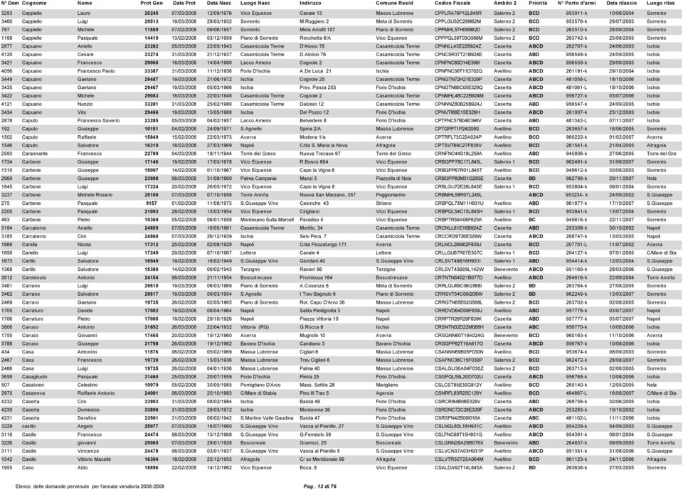 Ruggiero 2 Meta di Sorrento CPPLGU32C28I862M Salerno 2 BCD 953576-k 28/07/2003 Sorrento 797 Cappiello Michele 11889 07/02/2008 09/06/1957 Sorrento Meta Amalfi 107 Piano di Sorrento CPPMHL57H09I862D