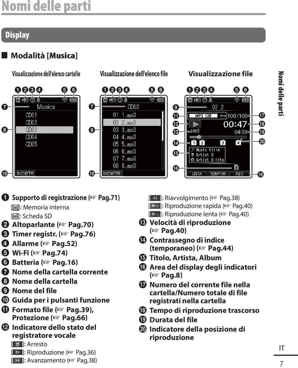 52) 5 Wi-Fi ( Pag.74) 6 Batteria ( Pag.16) 7 Nome della cartella corrente 8 Nome della cartella 9 Nome del file 0 Guida per i pulsanti funzione! Formato file ( Pag.39), Protezione ( Pag.