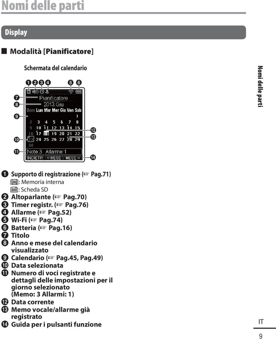 52) 5 Wi-Fi ( Pag.74) 6 Batteria ( Pag.16) 7 Titolo 8 Anno e mese del calendario visualizzato 9 Calendario ( Pag.45, Pag.49) 0 Data selezionata!