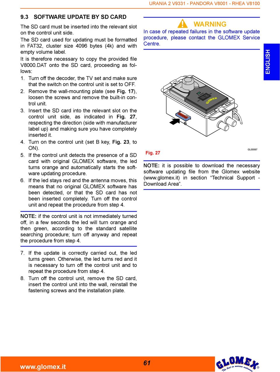 DAT onto the SD card, proceeding as follows: 1. Turn off the decoder, the TV set and make sure that the switch on the control unit is set to OFF. 2. Remove the wall-mounting plate (see Fig.