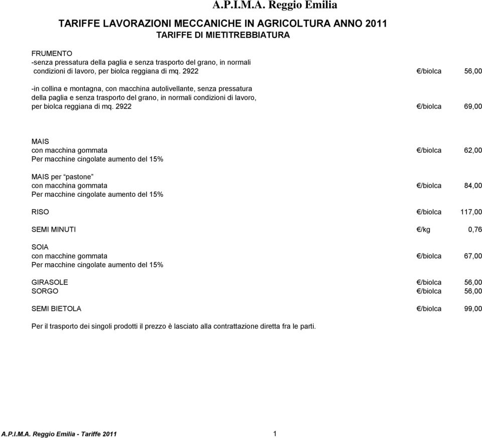 2922 /biolca 56,00 -in collina e montagna, con macchina autolivellante, senza pressatura della paglia e senza trasporto del grano, in normali condizioni di lavoro, per biolca  2922 /biolca 69,00 MAIS