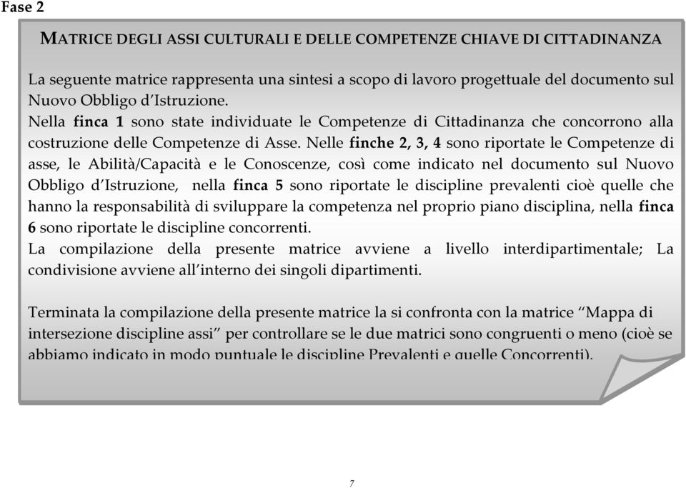 Nelle finche 2, 3, 4 sono riportate le Competenze di asse, le Abilità/Capacità e le Conoscenze, così come indicato nel documento sul Nuovo Obbligo d Istruzione, nella finca 5 sono riportate le