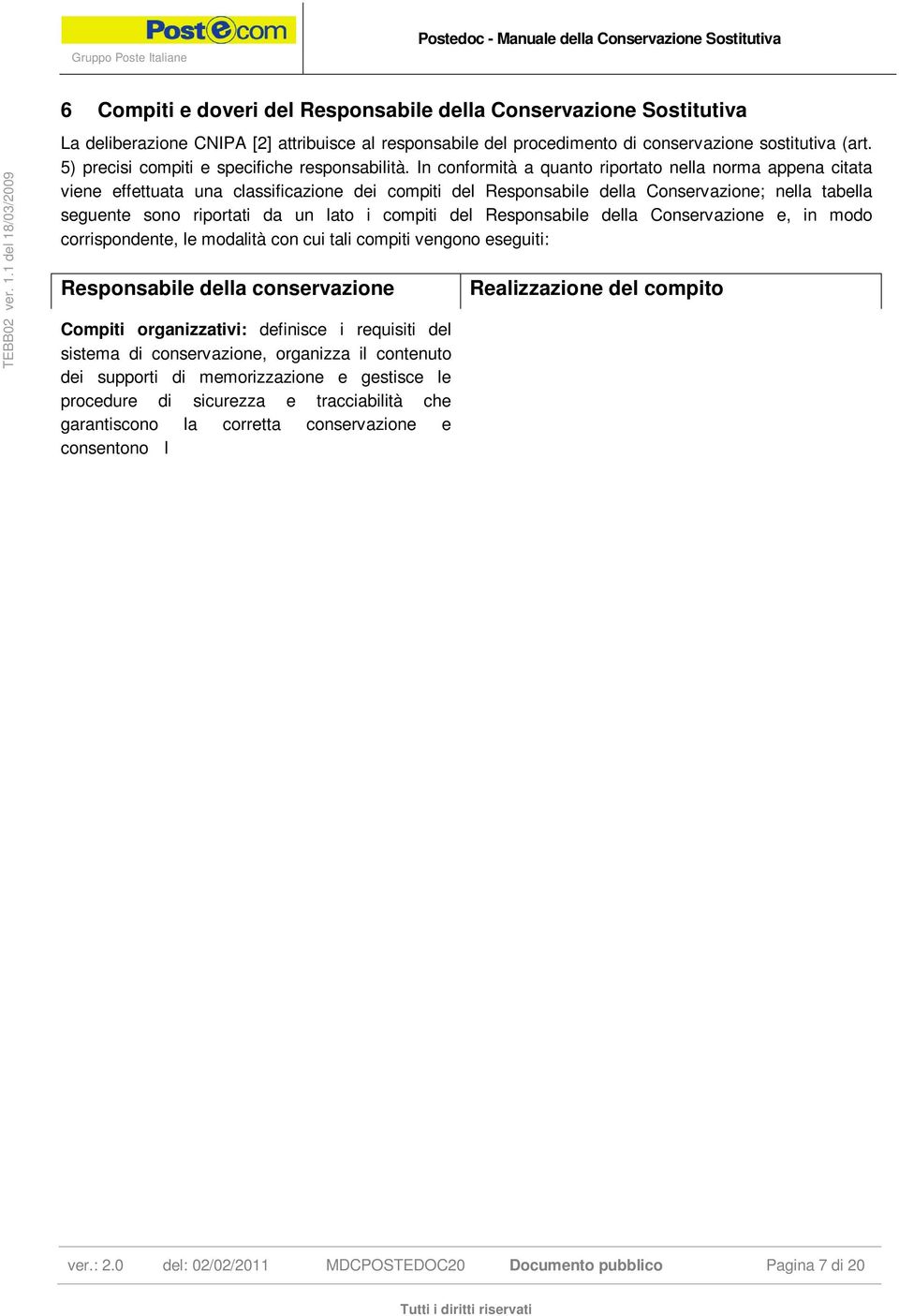 In conformità a quanto riportato nella norma appena citata viene effettuata una classificazione dei compiti del Responsabile della Conservazione; nella tabella seguente sono riportati da un lato i