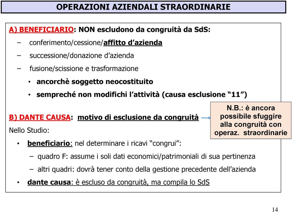 congruità Nello Studio: beneficiario: nel determinare i ricavi congrui : quadro F: assume i soli dati economici/patrimoniali di sua pertinenza altri quadri: dovrà