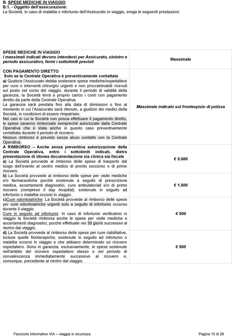 per Assicurato, sinistro e periodo assicurativo, fermi i sottolimiti previsti CON PAGAMENTO DIRETTO Solo se la Centrale Operativa è preventivamente contattata a) Qualora l Assicurato debba sostenere