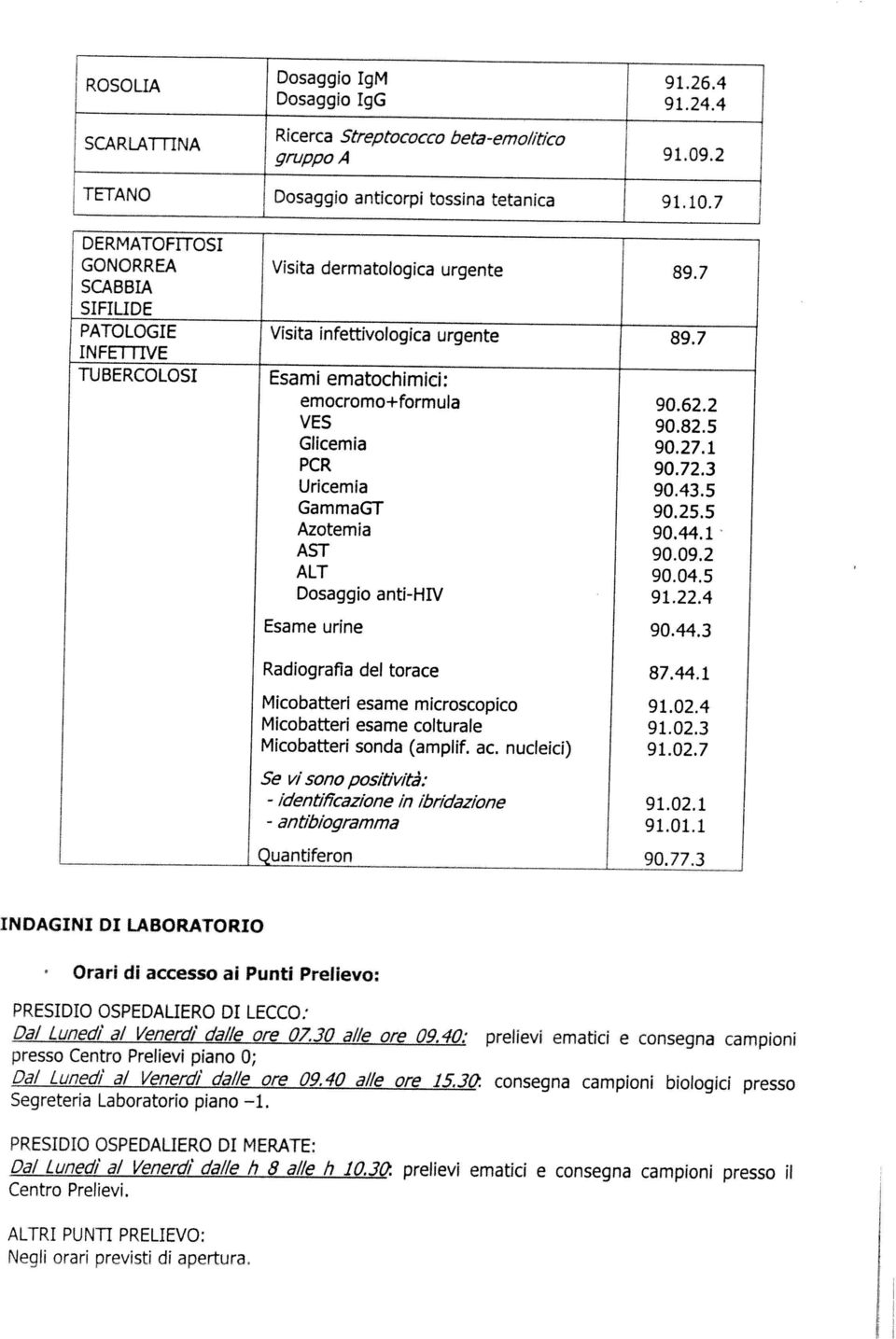 11230 prelievi ematici e consegna campioni presso il PRESIDIO OSPEDALIERO DI MERATE: Segreteria Laboratorio piano 1. Dal Lunedì al Venerdì dalle ore 0730 alle ore 09.