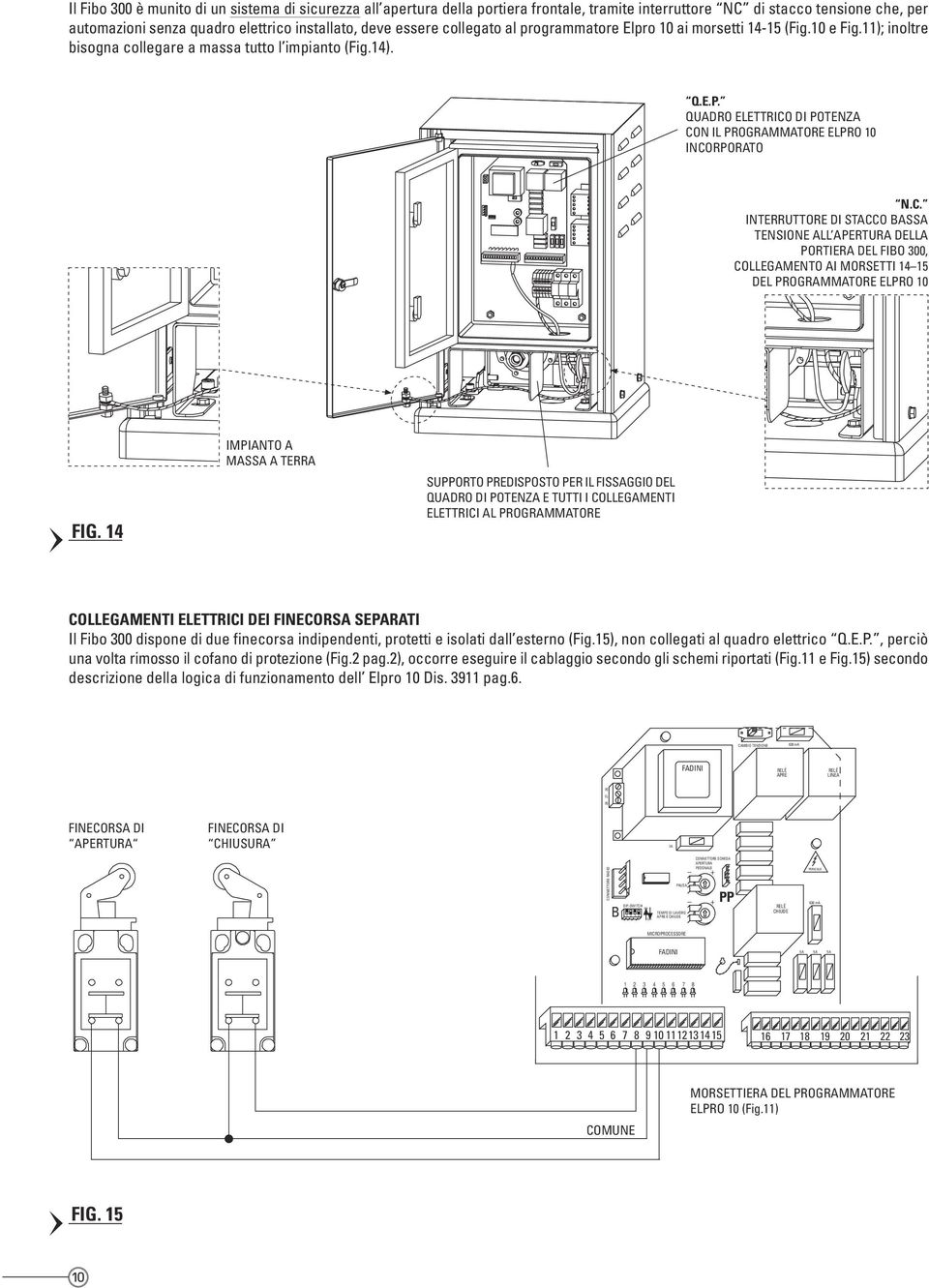 QUADRO ELETTRICO DI POTENZA CON IL PROGRAMMATORE ELPRO 10 INCORPORATO N.C. INTERRUTTORE DI STACCO BASSA TENSIONE ALL APERTURA DELLA PORTIERA DEL FIBO 300, COLLEGAMENTO AI MORSETTI 14 15 DEL PROGRAMMATORE ELPRO 10 FIG.