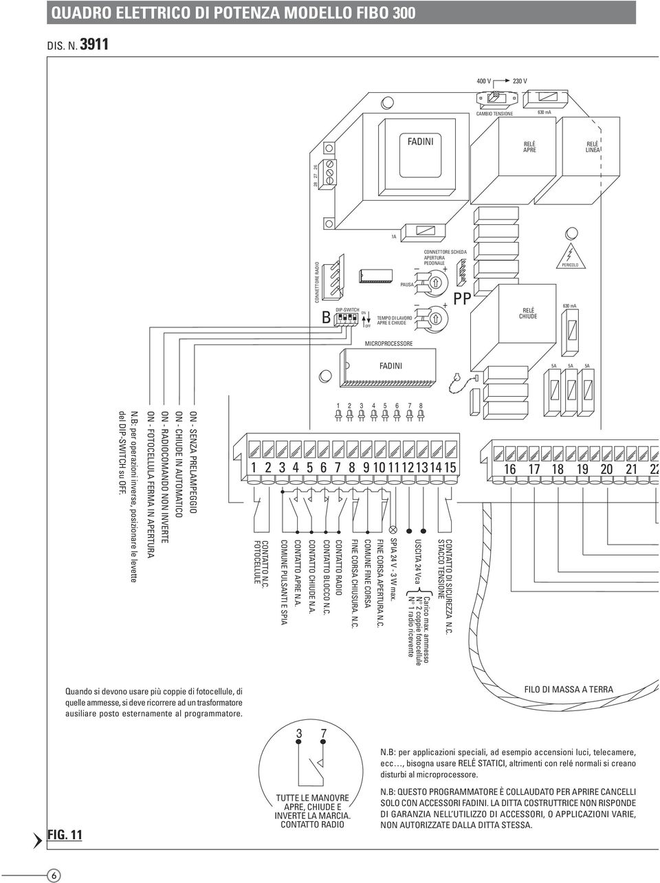 programmatore. FIG. 11 6 CONTATTO DI SICUREZZA N.C. STACCO TENSIONE USCITA 24 Vca SPIA 24 V - 3 W max. FINE CORSA APERTURA N.C. COMUNE FINE CORSA FINE CORSA CHIUSURA. N.C. CONTATTO RADIO CONTATTO BLOCCO N.