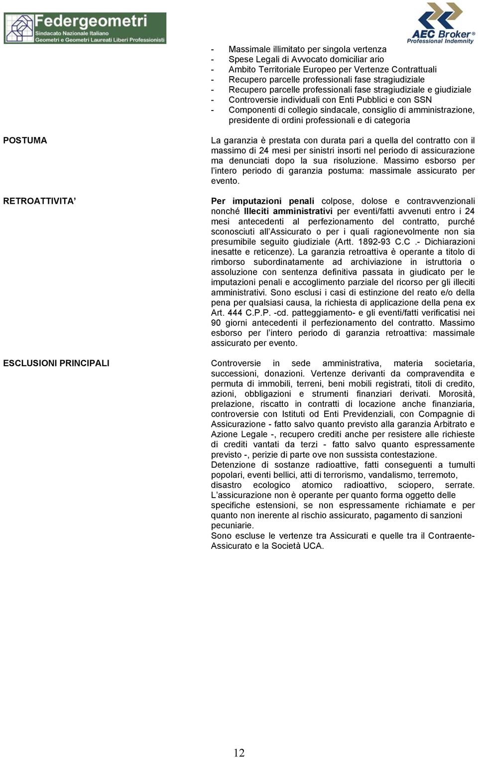 ordini professionali e di categoria POSTUMA RETROATTIVITA La garanzia è prestata con durata pari a quella del contratto con il massimo di 24 mesi per sinistri insorti nel periodo di assicurazione ma