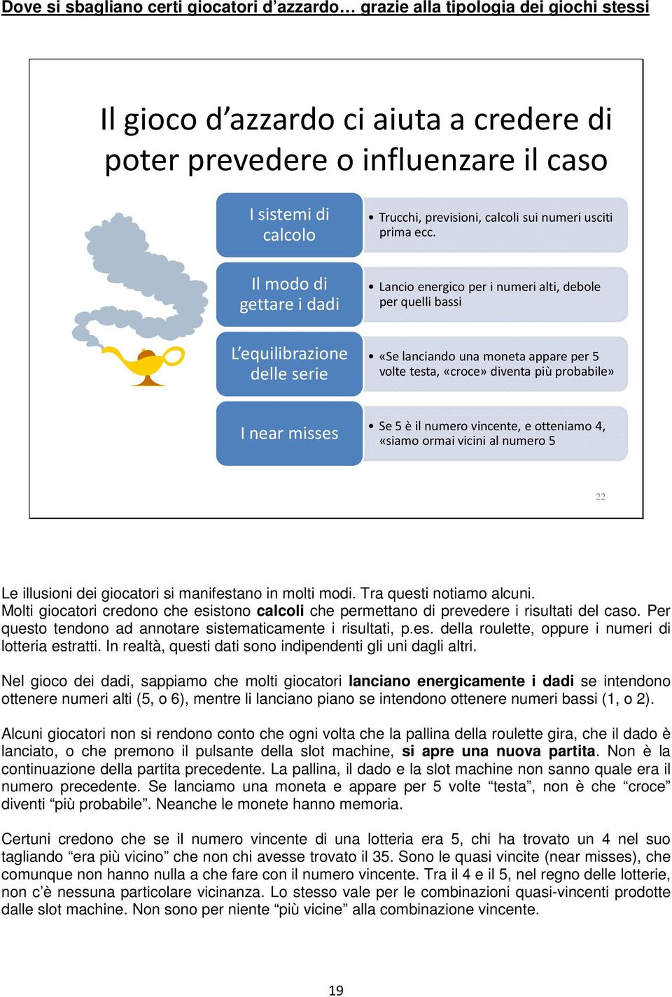 Il modo di gettare i dadi Lancio energico per i numeri alti, debole per quelli bassi L equilibrazione delle serie «Se lanciando una moneta appare per 5 volte testa, «croce» diventa più probabile» I