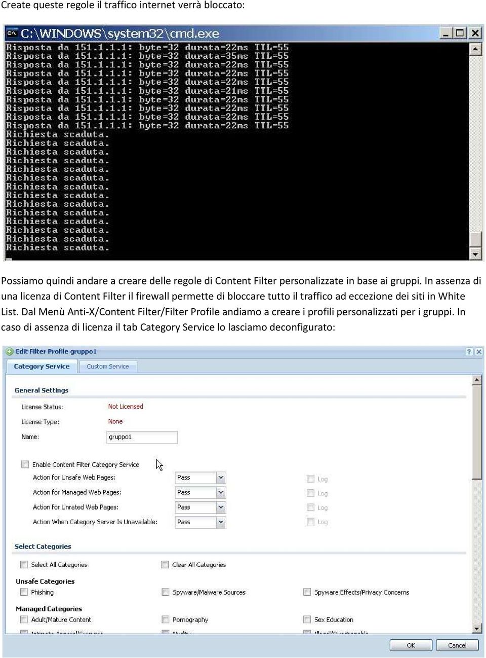 In assenza di una licenza di Content Filter il firewall permette di bloccare tutto il traffico ad eccezione dei siti