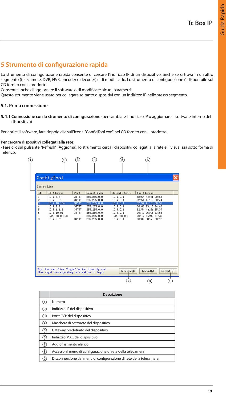 Consente anche di aggiornare il software o di modificare alcuni parametri. Questo strumento viene usato per collegare soltanto dispositivi con un indirizzo IP nello stesso segmento. 5.1.