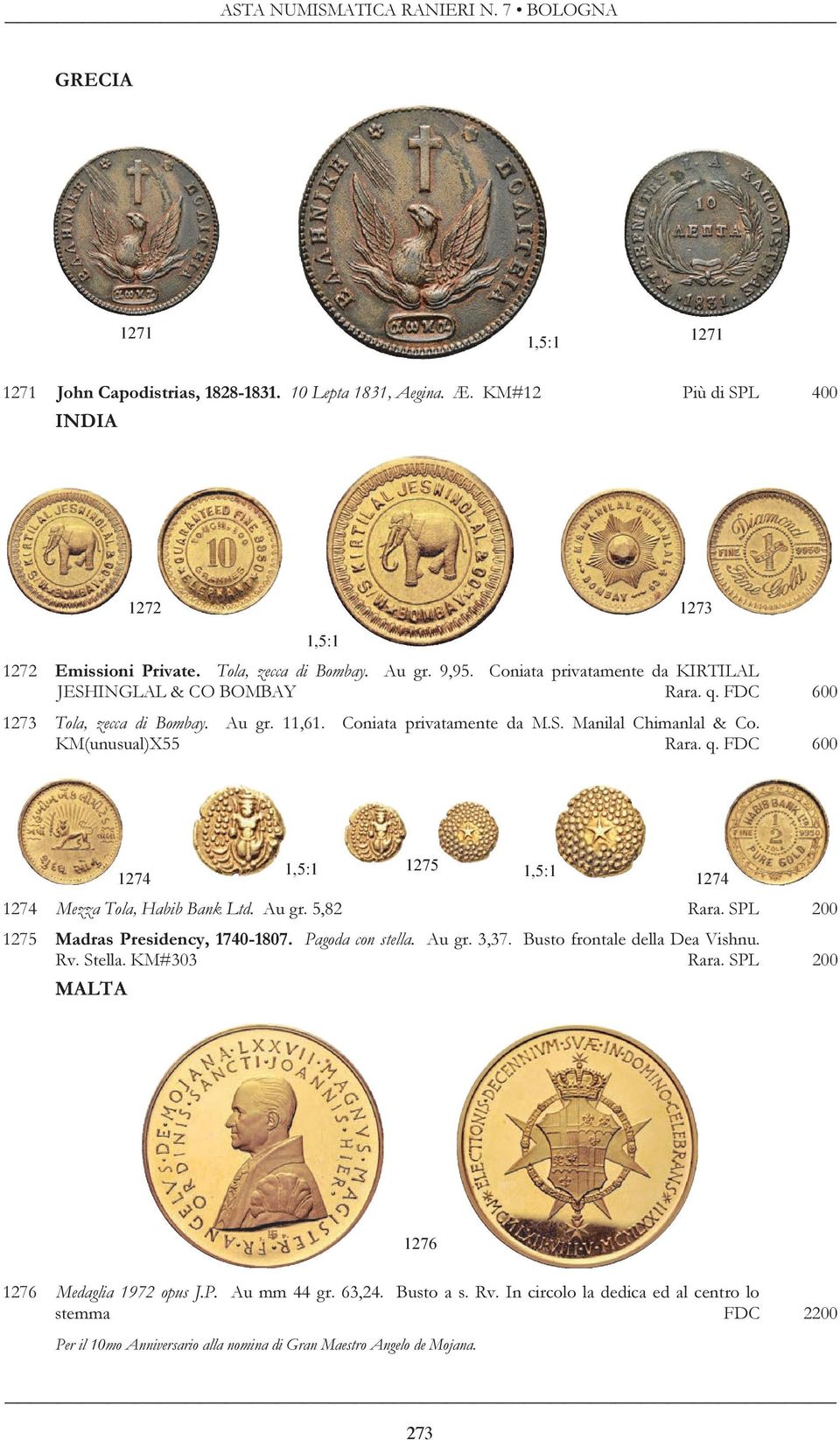 Au gr. 5,82 Rara. SPL 200 1275 Madras Presidency, 1740-1807. Pagoda con stella. Au gr. 3,37. Busto frontale della Dea Vishnu. Rv. Stella. KM#303 Rara.