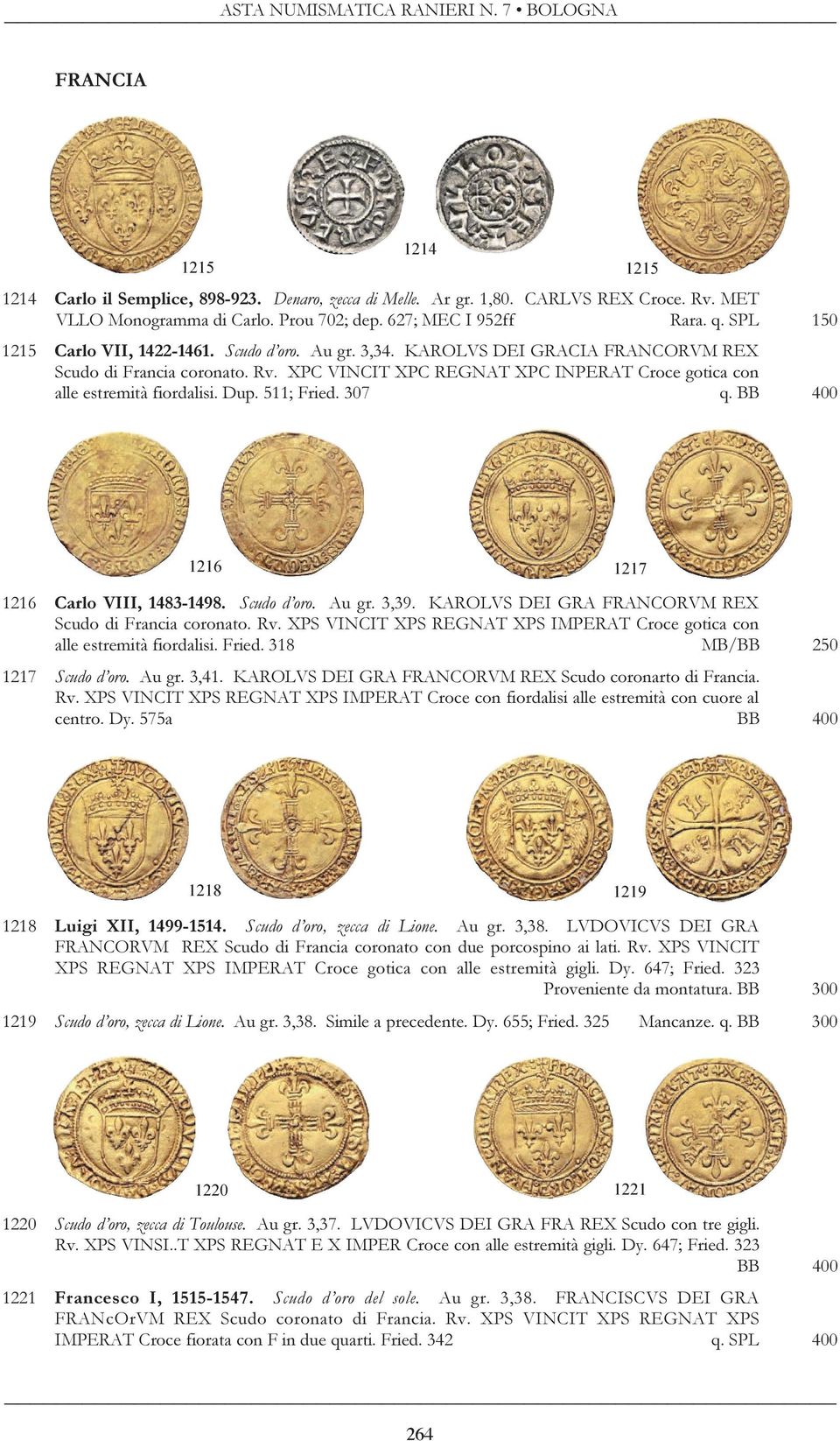 XPC VINCIT XPC REGNAT XPC INPERAT Croce gotica con alle estremità fiordalisi. Dup. 511; Fried. 307 q. BB 400 1215 1216 1216 Carlo VIII, 1483-1498. Scudo d oro. Au gr. 3,39.