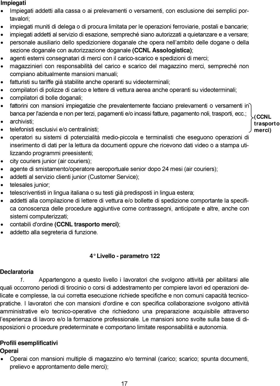 della sezione doganale con autorizzazione doganale (CCNL Assologistica); agenti esterni consegnatari di merci con il carico-scarico e spedizioni di merci; magazzinieri con responsabilità del carico e