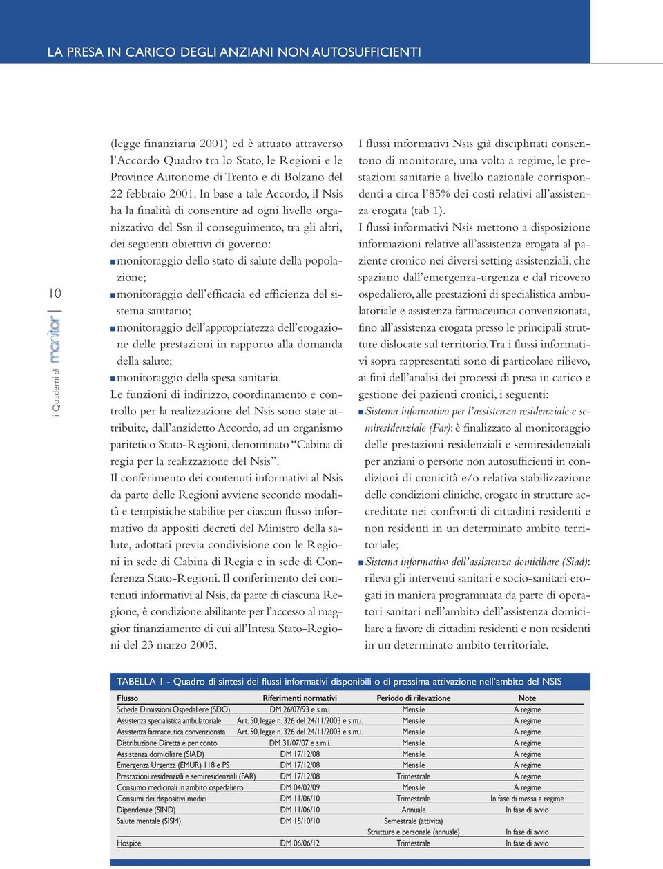 In base a tale Accordo, il Nsis ha la finalità di consentire ad ogni livello organizzativo del Ssn il conseguimento, tra gli altri, dei seguenti obiettivi di governo: monitoraggio dello stato di