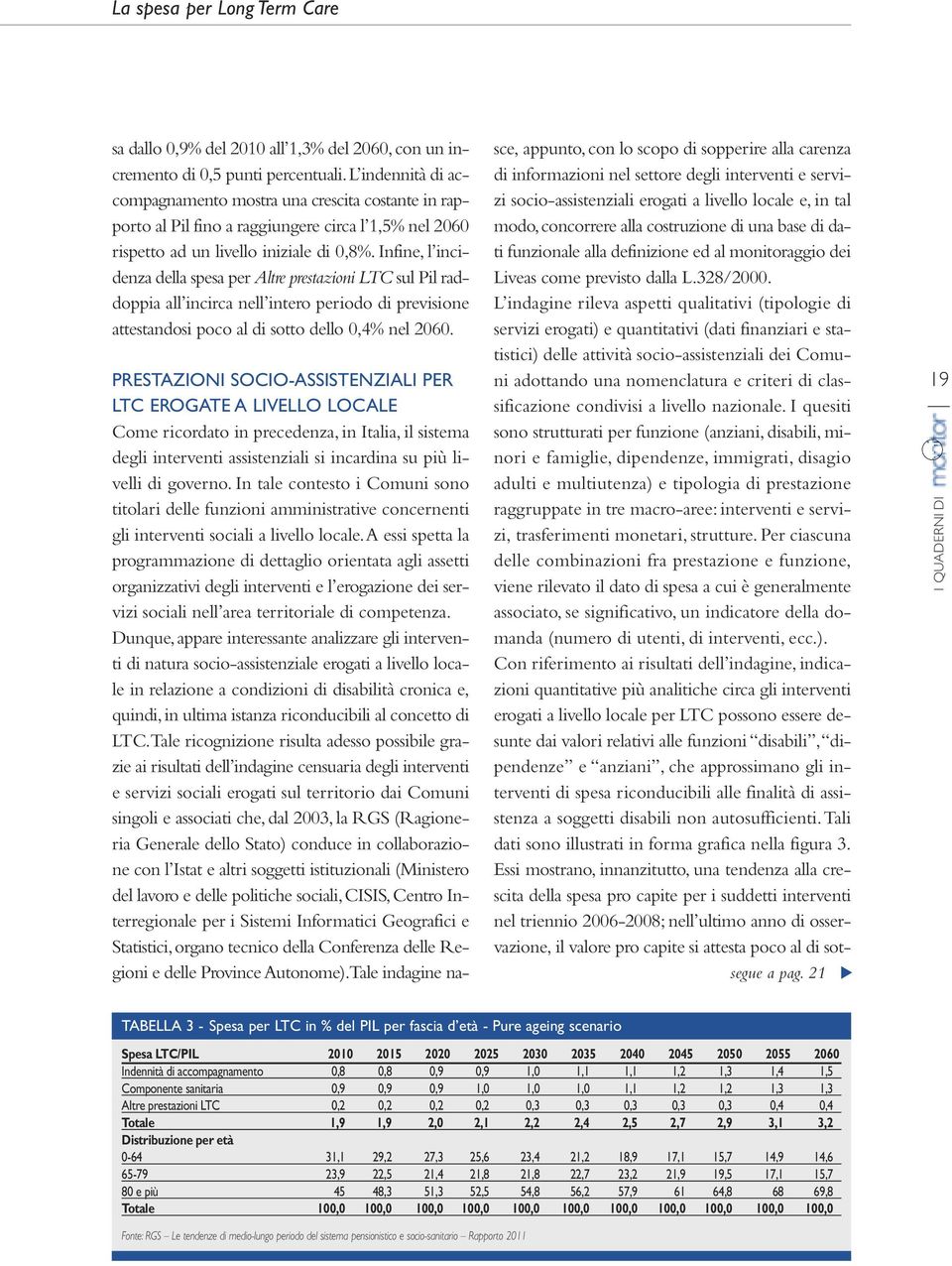 Infine, l incidenza della spesa per Altre prestazioni LTC sul Pil raddoppia all incirca nell intero periodo di previsione attestandosi poco al di sotto dello 0,4% nel 2060.