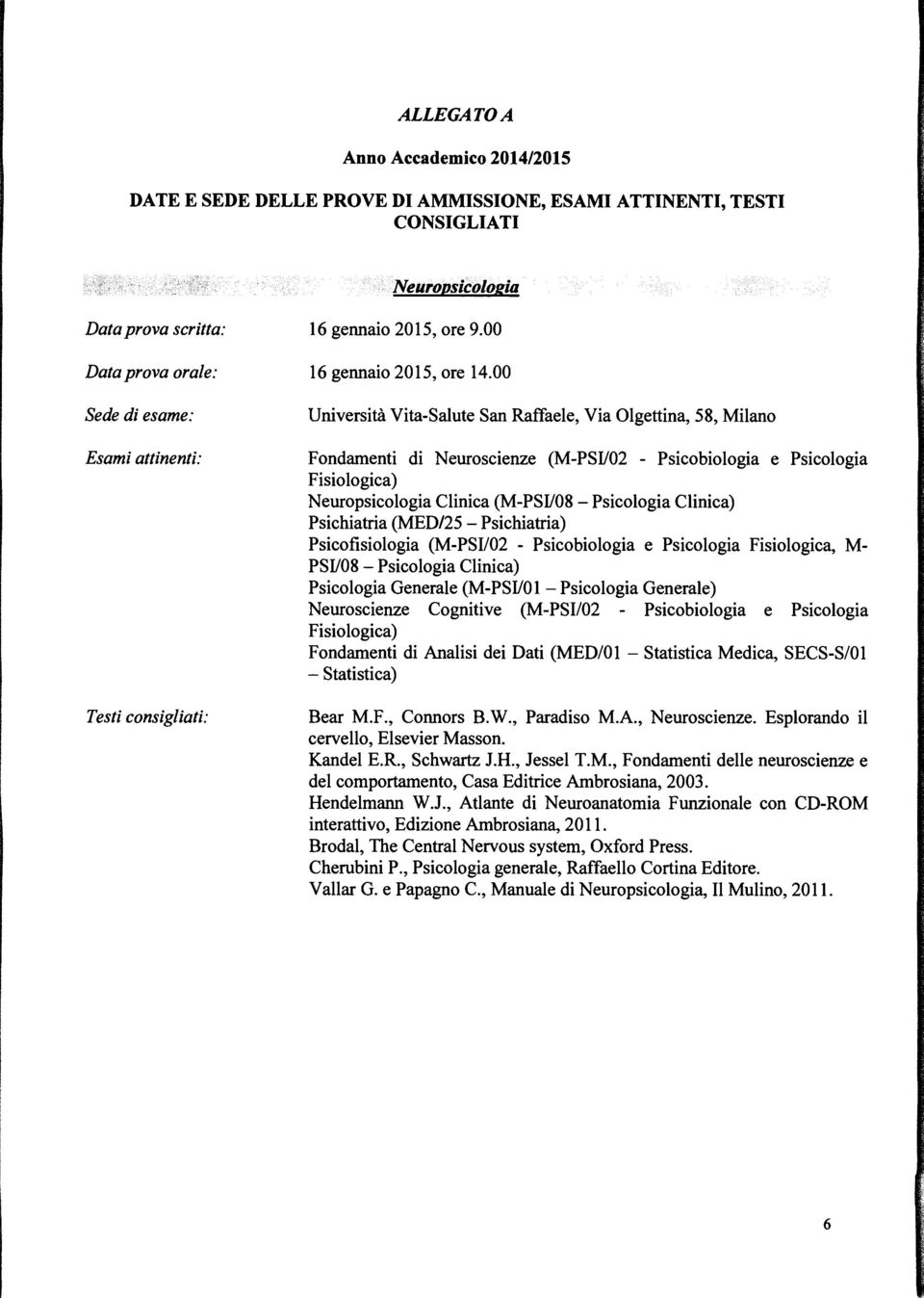 00 Università Vita-Salute San Raffaele, Via Olgettina, 58, Milano Fondamenti di Neuroscienze (M-PSl/02 - Psicobiologia e Psicologia Fisiologica) Neuropsicologia Clinica (M-PSl/08 - Psicologia