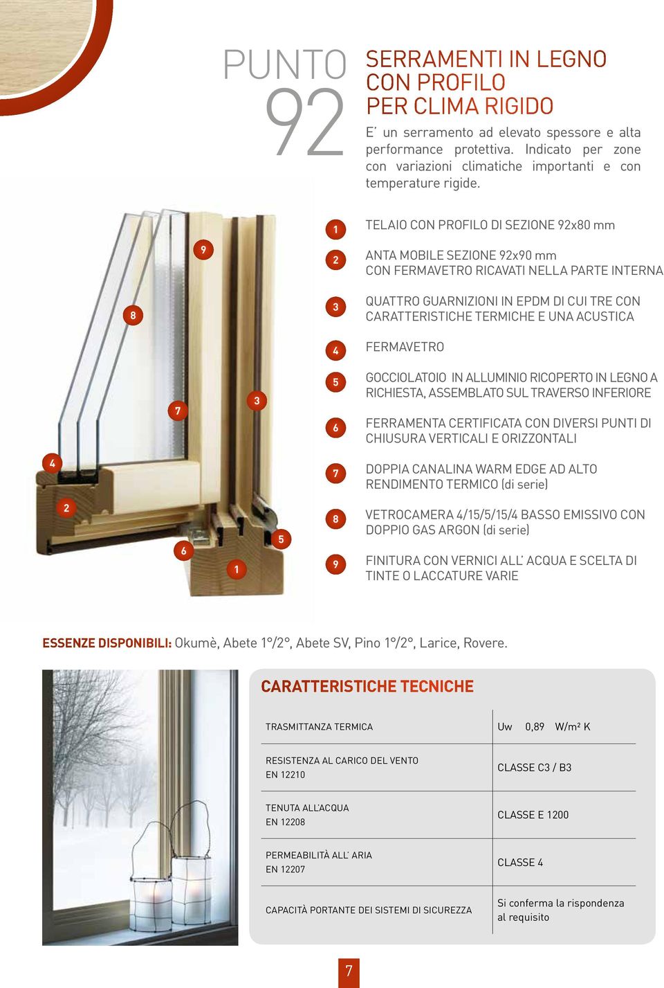 9 1 2 TELAIO CON PROFILO DI sezione 92x80 mm ANTA MOBILE SEZIONE 92x90 mm con fermavetro ricavati nella parte interna 8 3 4 quattro guarnizioni in epdm di cui tre con caratteristiche termiche e una