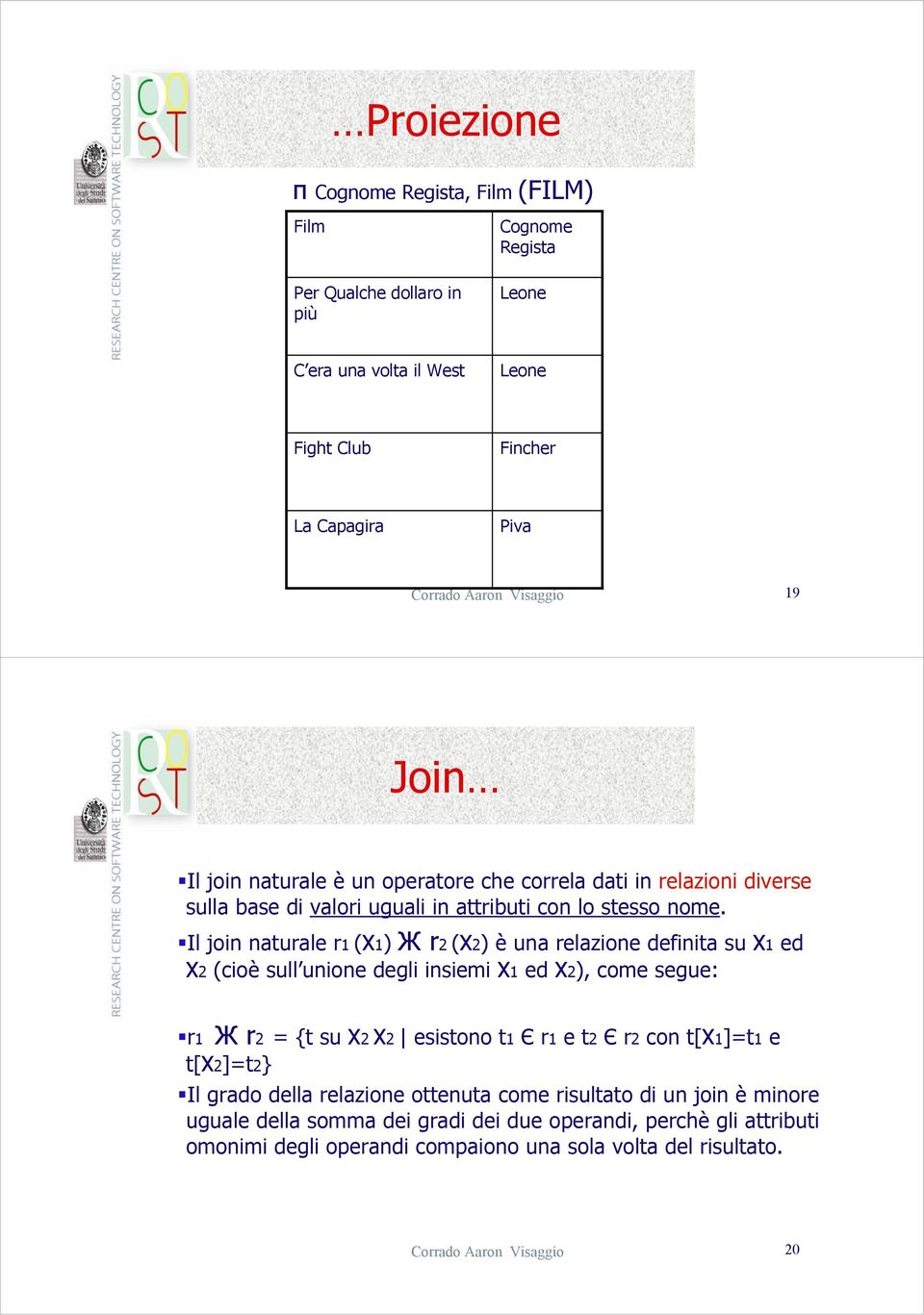 Il join naturale r1 (X1) Ж r2 (X2) è una relazione definita su X1 ed X2 (cioè sull unione degli insiemi X1 ed X2), come segue: r1 Ж r2 = {t su X2 X2 esistono t1 Є r1