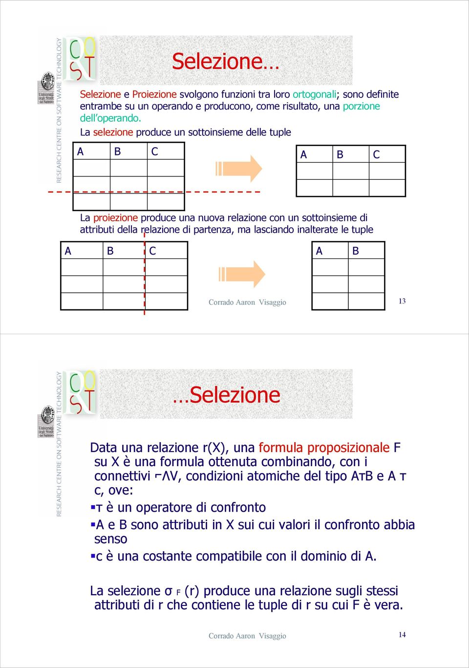 B C A B Corrado Aaron Visaggio 13 Selezione Data una relazione r(x), una formula proposizionale F su X è una formula ottenuta combinando, con i connettivi ΛV, condizioni atomiche del tipo AτB e A τ