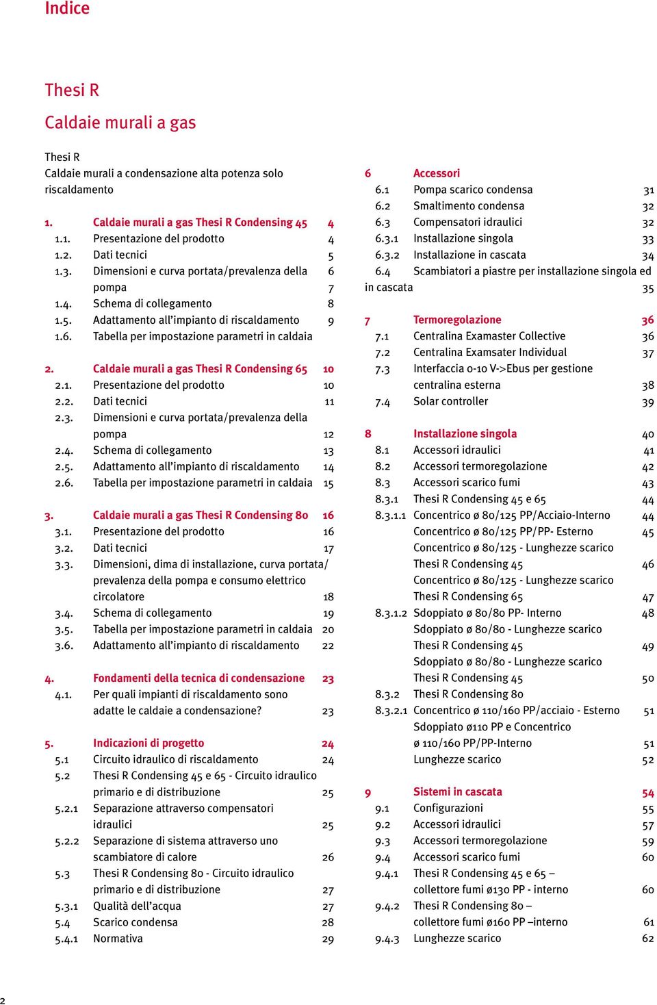 Caldaie murali a gas Thesi R Condensing 65 0.. Presentazione del prodotto 0.. Dati tecnici.3. Dimensioni e curva portata/prevalenza della pompa.4. Schema di collegamento 3.5. Adattamento all impianto di riscaldamento 4.