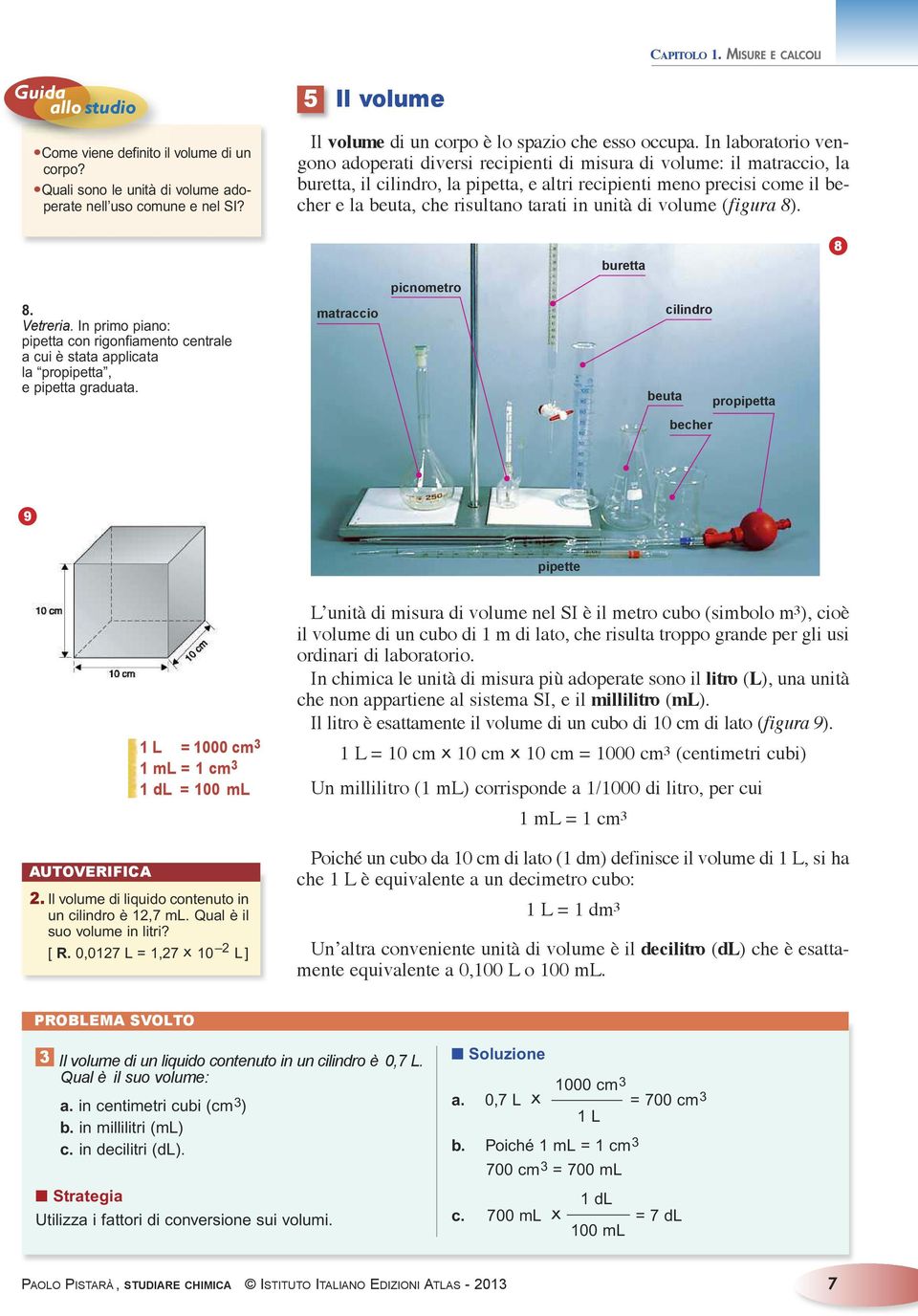 tarati in unità di volume (figura 8). 8. Vetreria. In primo piano: pipetta con rigonfiamento centrale a cui è stata applicata la propipetta, e pipetta graduata.