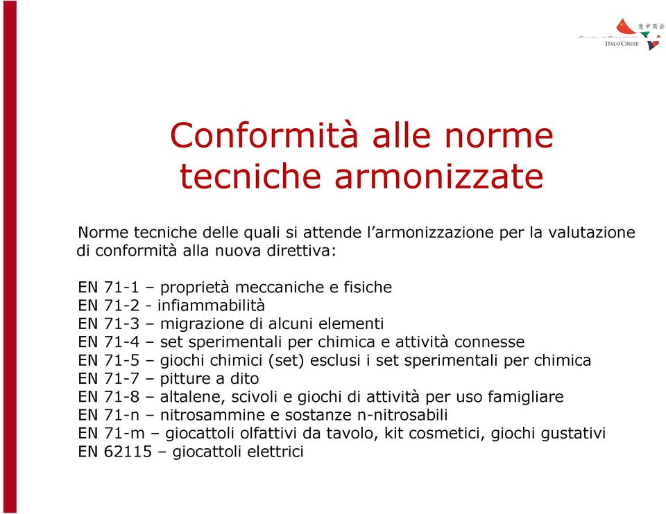 connesse EN 71-5 giochi chimici (set) esclusi i set sperimentali per chimica EN 71-7 pitture a dito EN 71-8 altalene, scivoli e giochi di attività per