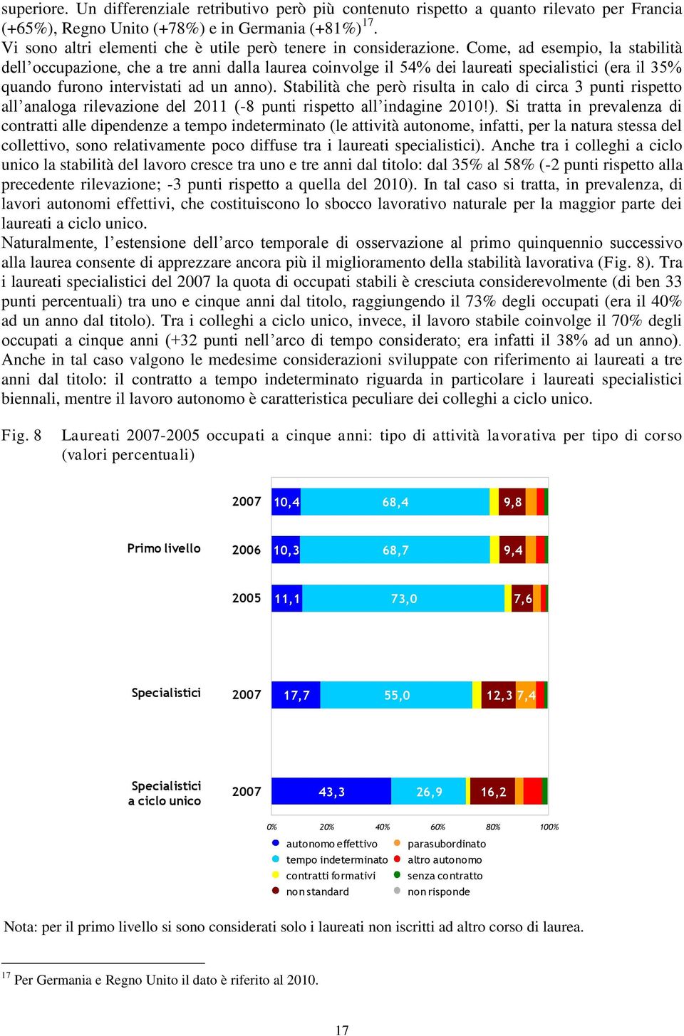 Come, ad esempio, la stabilità dell occupazione, che a tre anni dalla laurea coinvolge il 54% dei laureati specialistici (era il 35% quando furono intervistati ad un anno).