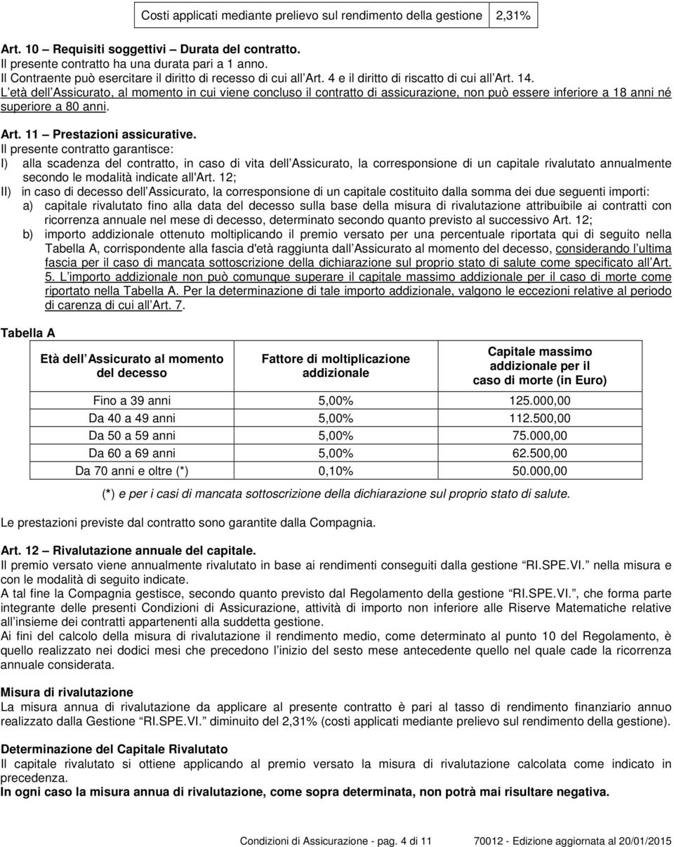 L età dell Assicurato, al momento in cui viene concluso il contratto di assicurazione, non può essere inferiore a 18 anni né superiore a 80 anni. Art. 11 Prestazioni assicurative.